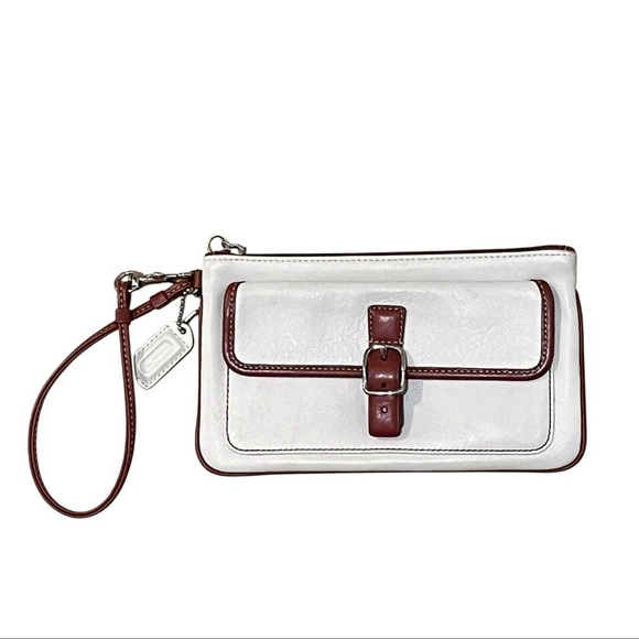 Vintage COACH Soho Ivory/Brown Leather Top Zip Wristlet Clutch w/ Buckle - Picture 1 of 10